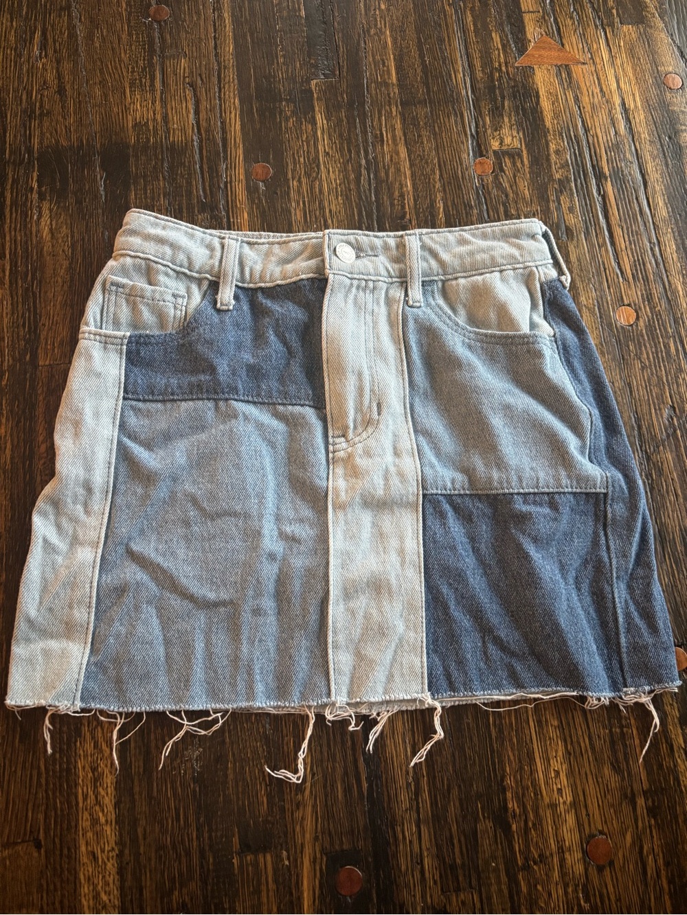 Hollister Patchwork Two-Tone Denim Mini Skirt - Light Blue & Dark Blue